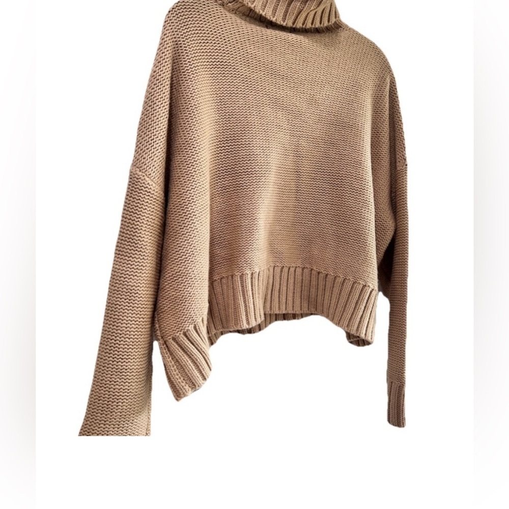 Calvin Klein Camel Knit Pullover Cozy Tan Cable Knit Turtleneck Sweater - Picture 6 of 16